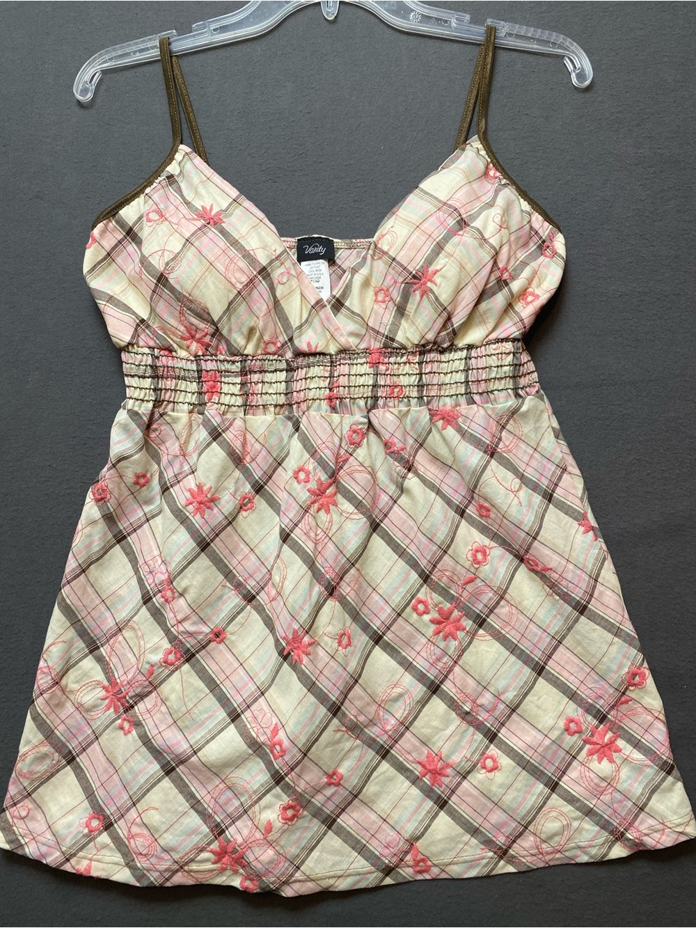 Vanity Size Large Pink Plaid Floral Embroidered Tank with Brown Trim